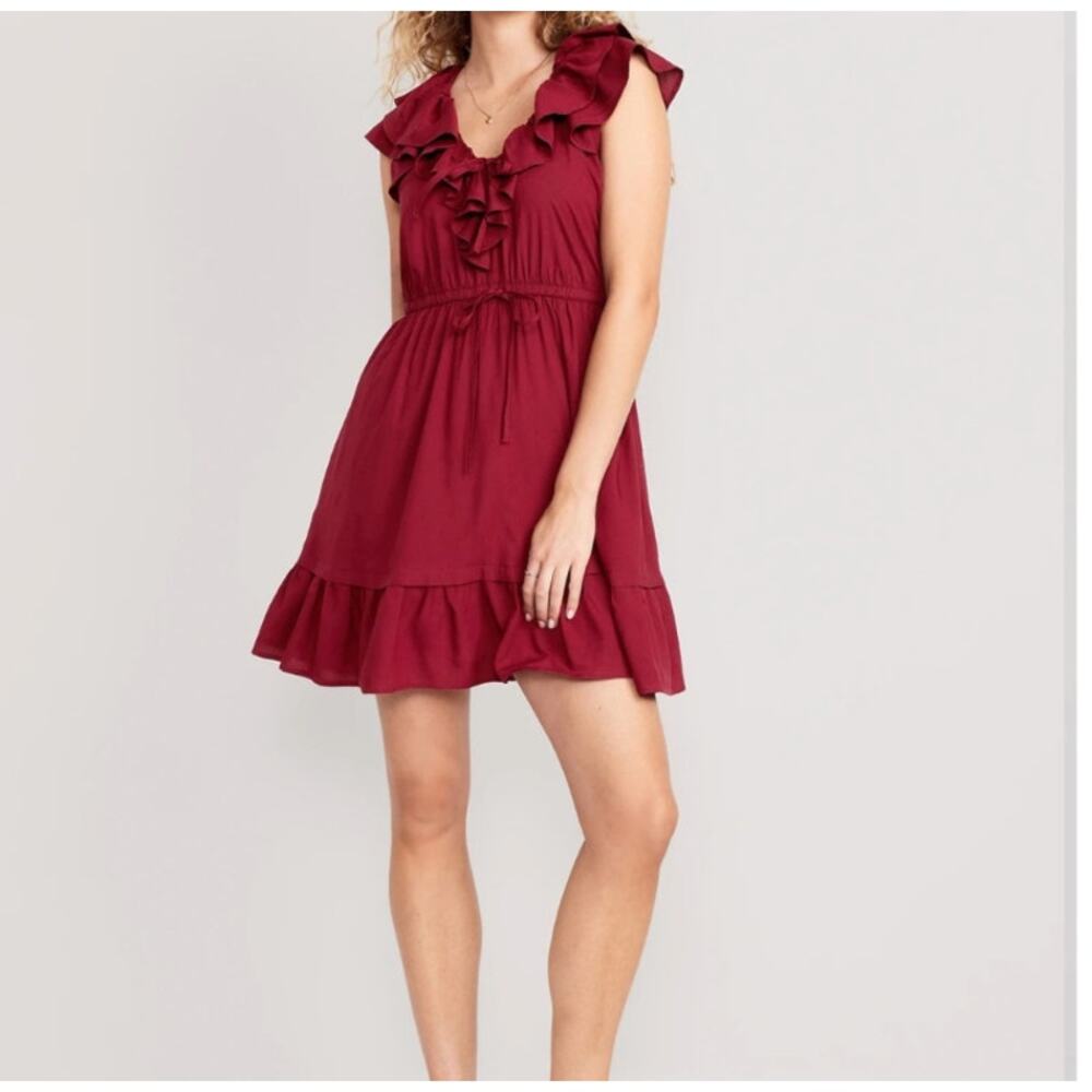 Old Navy Women's Mini Dress Size L Red Waist-Defined Ruffle Trim NWT
